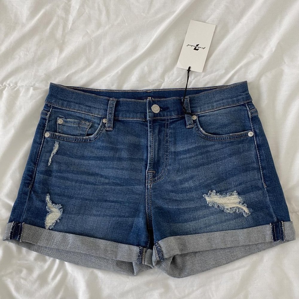 NWT 7 For All Mankind Mid Roll Distressed Shorts in Blue Size 26 (4) MSRP $159